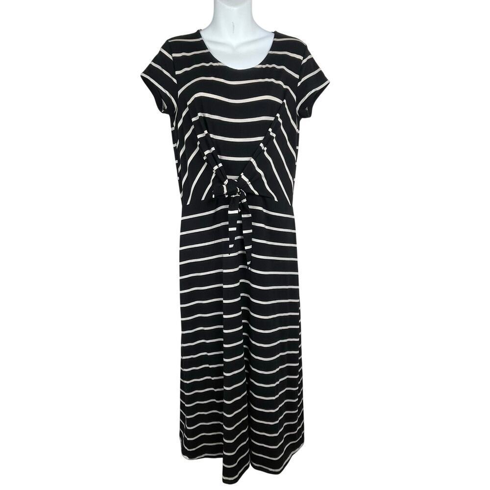Garnet Hill Black Tan Striped Maxi Shirt Dress Size S Tie Knot Cap Sleeve Tencel